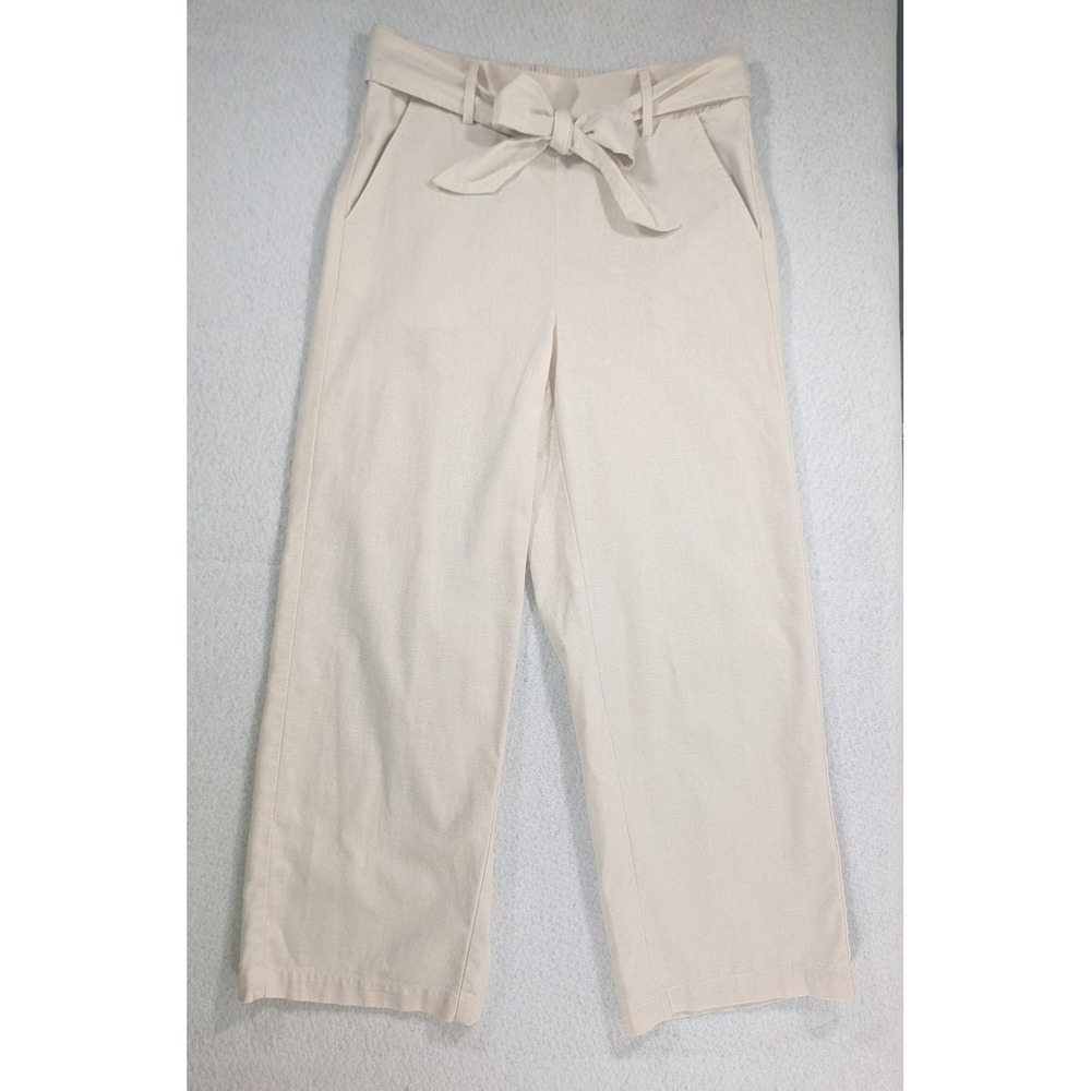 J.Crew Women Beige Linen Cotton Blend Tie Waist Wide Leg Cropped Pants Size 0